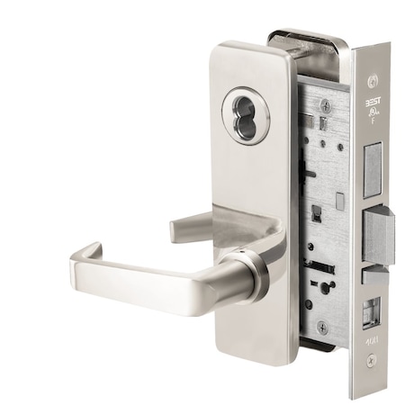 Best Grade 1 Office Mortise Lock, 15 Lever, J Escutcheon, SFIC Housing Less Core, Bright Chrome Finish, F 45H7AB15J625